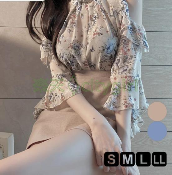 樂天商城 - 【CityGirl】 2COLOR 花柄 肩出し 7分袖 長袖ブラウス 長袖ブラウス シャツ ブラウス トップス カットソー フレアスリーブ オープンショルダー ブラウス 半袖ブラウス タンクシャツ フロントタンク ショート丈 肩出し 花柄 総柄