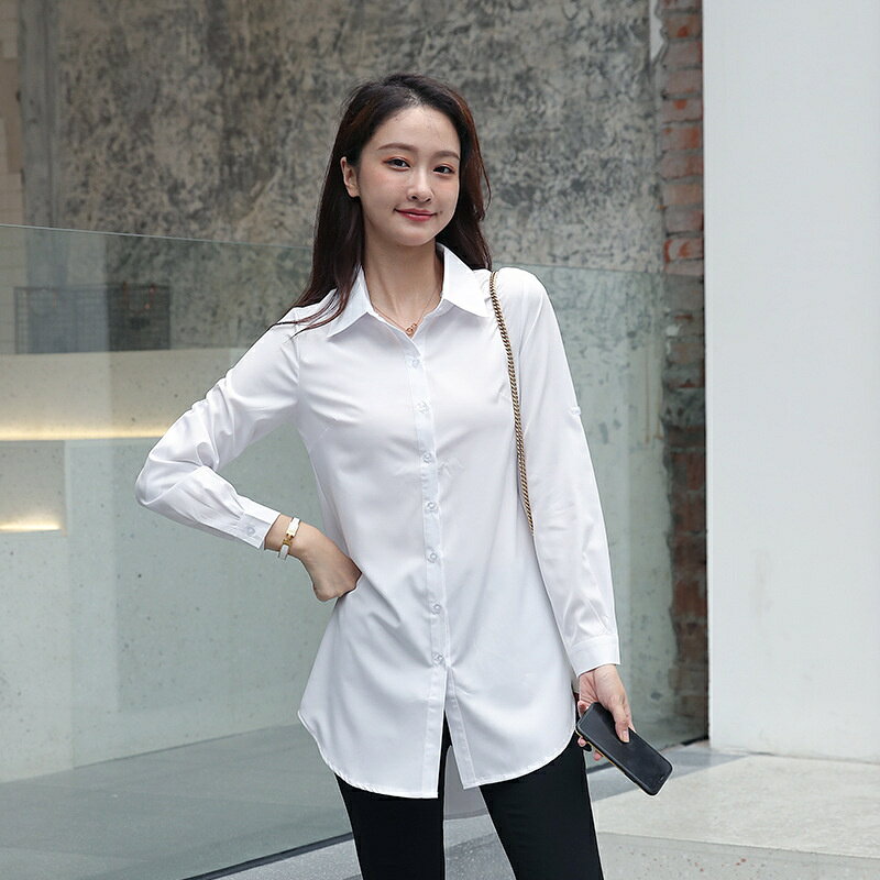 樂天商城 - 白シャツ レディース 長袖 仕事シャツ フォーマルシャツ ホワイト ビジネスシャツ 春服 オフィス フォーマル 制服 就活 リクルート 無地 スリム 20代 30代 40代 50代 60代 ロングシャツ 前開きシャツ ボタン ポリエステル風 簡単 シンプル 面接 黒 ロールアップ