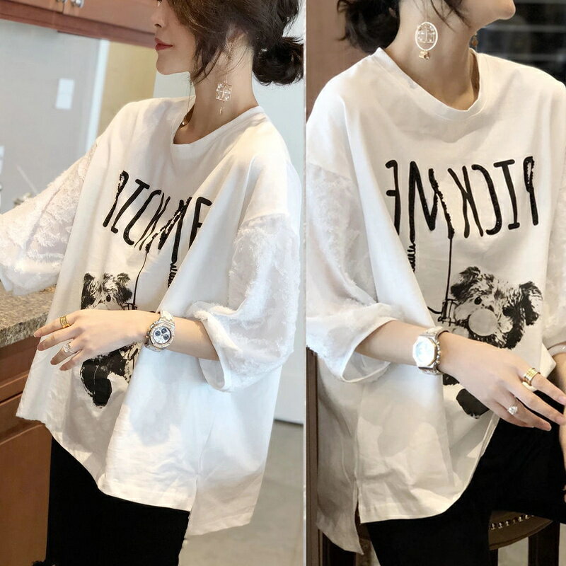 樂天商城 - トップス Tシャツ 夏Tシャツ レディース ティーシャツ 半袖 きれいめ フォーマル 春夏服 ゆったり 可愛いおしゃれきれいめカジュアル 丸首七分袖 ホワイト 白 レース袖 前後差 プリント 英語 PICK ME キャラクター柄 日常外出 カフェ デート にぴったり 流行りの