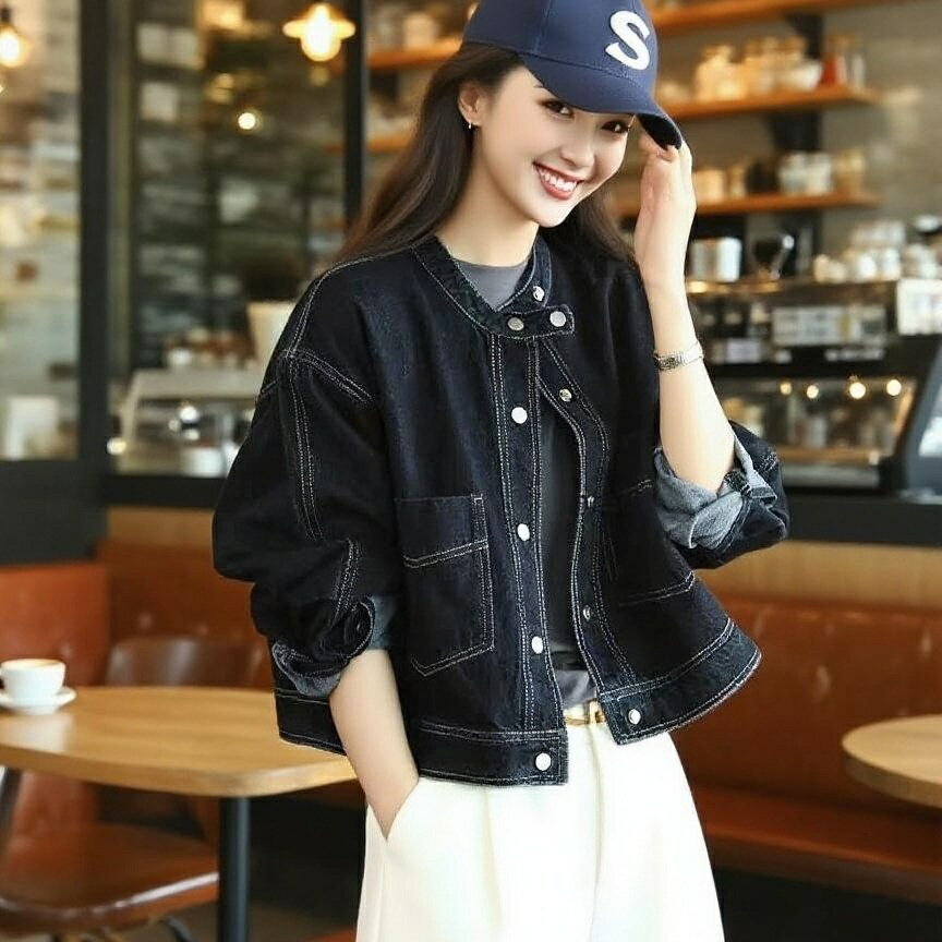 樂天商城 - デニムジャケット レディース 丸首 大きなポケット ファッション レイヤード着用 長袖 デニムアウター ショート丈ジャケット ゆったり ショート丈アウター 万能な カジュアル デニムトップス 着痩せ 通勤 デート 街着 春秋 レディーストップス