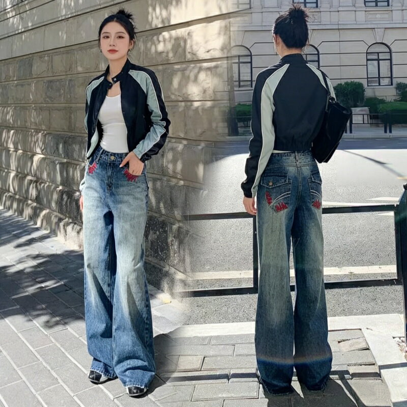 樂天商城 - レトロデニムワイドパンツ レディース ハイウエスト ゆったりシルエット 体型カバー 着痩せ 大きめ 春 秋 おしゃれ カジュアル ストリート系 シンプルコーデ 着回し かわいい 大人女子 人気新作 ボトムス 通学通勤OK デニムパンツ ジーパン ラクかわ