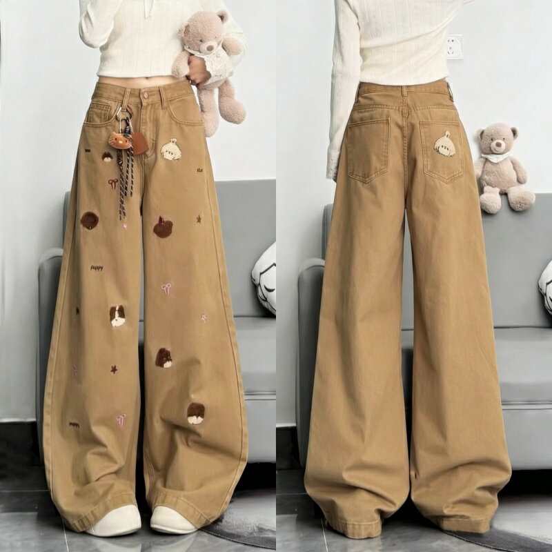樂天商城 - デニムパンツ レディース ジーパン デニム カーキ 刺繍ワイドデニムパンツ ハイウエスト ワイドレッグ ゆったりシルエット 可愛い刺繍 デニム パンツ カジュアル おしゃれ 体型カバー 着痩せ 春秋 コーデ カーキ ワイドパンツ ボトムス S M L XL