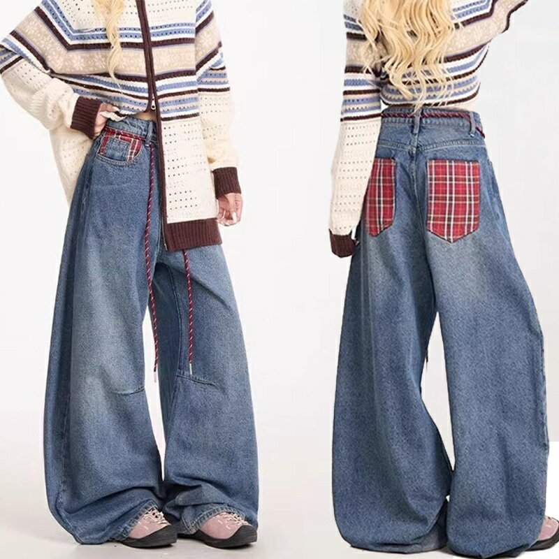 樂天商城 - デニムパンツ ジーパン チェックポケット ワイドパンツ 春夏 レディース ハイウエスト レトロ ストリート 韓国ファッション 美脚効果 脚長効果 ゆったりシルエット カジュアル おしゃれ 体型カバー 着痩せ 通勤 通学 普段使い 高見え S M L XL