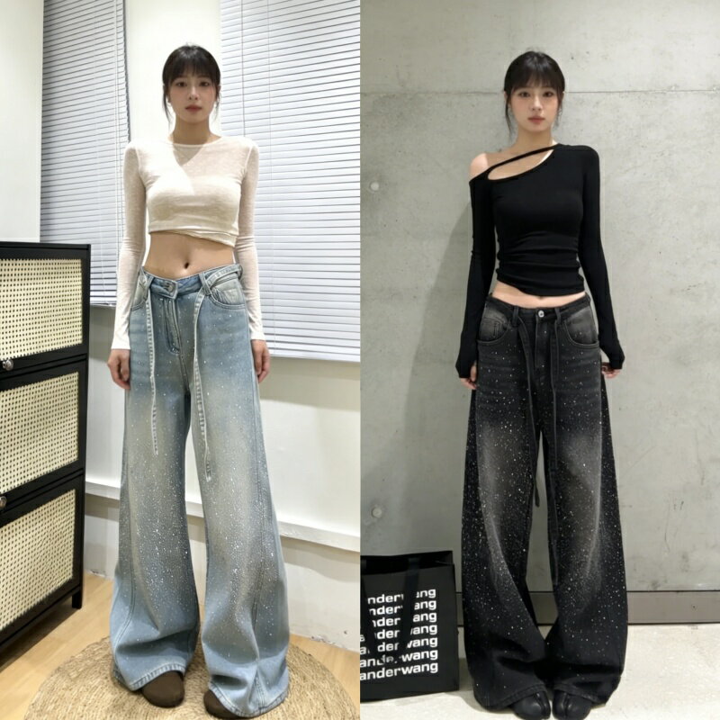 樂天商城 - デニムパンツ レディース デニム ワイドレッグ ワイドデニム ハイウエスト ゆったり ストレートパンツ スリミング ロングパンツ ラメ スパンコール カジュアル シンプル通勤風 快適 だらり丈パンツ 人気 春 夏 秋 冬 韓国風