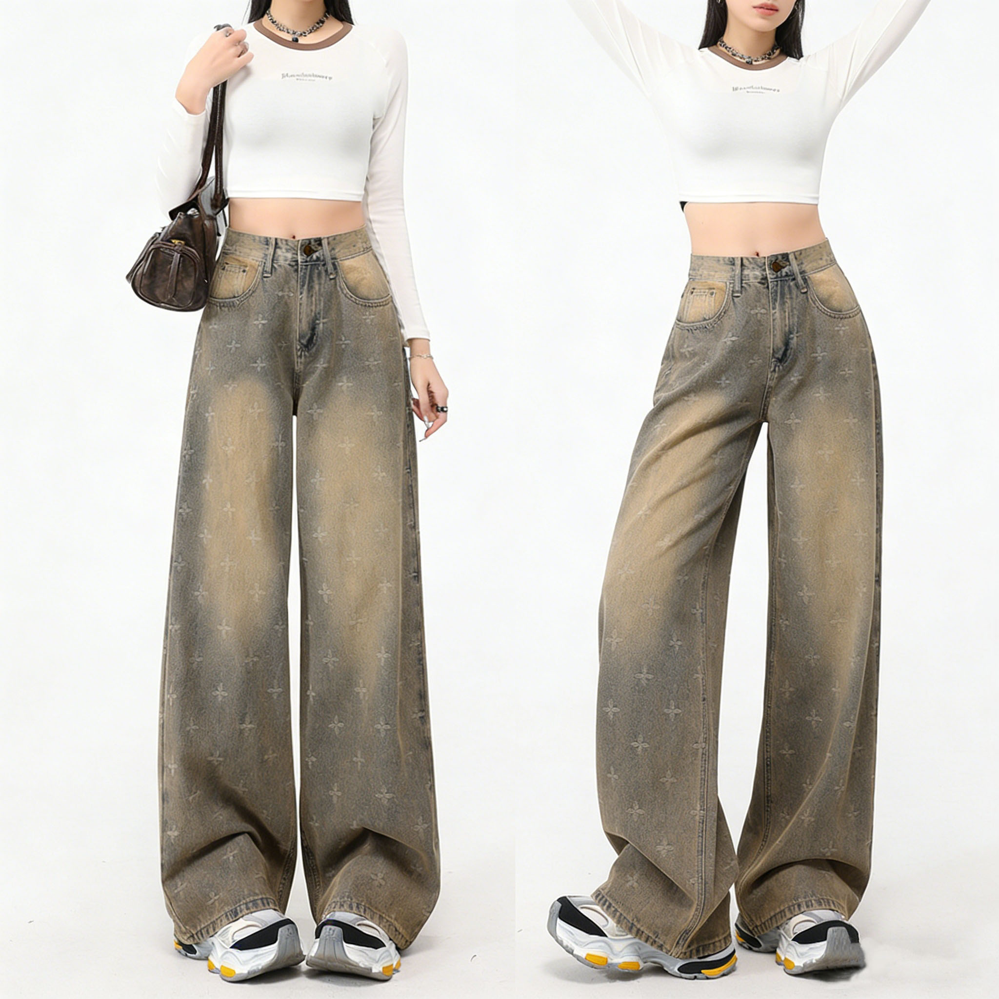 樂天商城 - レディース デニムパンツ ジーンズ ハイウエスト ワイドデニムパンツ クロスプリント ウォッシュドデニム ヴィンテージ加工 ルーズシルエット 体型カバー 着痩せ 脚長効果 カジュアルスタイル 日常着 お出かけ デート 通学 万能ボトムス 定番人気 快適 春 夏 秋