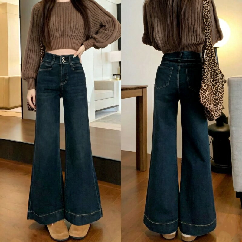 樂天商城 - デニムパンツ レディース フレアパンツ ハイウエスト ワイド ストレート アメリカンレトロ ロングデニム ダブルボタンデザイン 体型カバー 細見え 脚長効果 スタイルアップ ゆったり 着心地◎ レトロ カジュアル おしゃれ きれいめ 春 夏 ボトムス ロングパンツ 大人可愛い