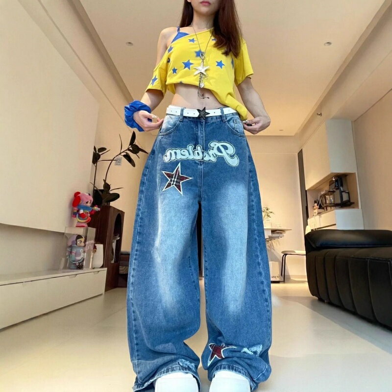 樂天商城 - デニムパンツ レディース デニム ワイドパンツ ハイウエスト 刺繍デニム スター刺繍 ロゴ刺繍 ウォッシュ加工 体型カバー 細身 美脚 スタイルアップ ゆったり レトロ カジュアル おしゃれ ストリート 春季 夏季 ロング ボトムス 着回し◎ 10代 20代 30代 40代