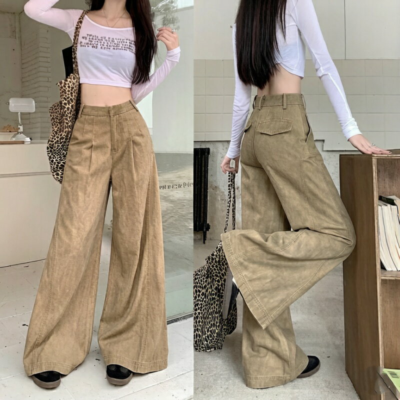 樂天商城 - デニムワイドパンツ レディース ジーンズ デニム ウォッシュ加工 ストレート ハイウエスト ゆったり 着痩せ カジュアル おしゃれ パンツ 春 夏 秋 ストレートロングパンツ ボトムス 便利 トレンド 大人っぽい 快適 通勤スタイル カジュアルスタイル