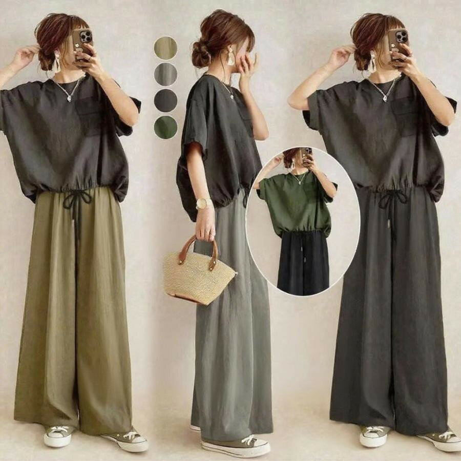 セットアップ 2点セット レディース トップス プルオーバー Tシャツ 丸首 半袖 ボトムズ ワイドパンツ ゆったり 無地 大人おしゃれ カジュアルセット 夏コーデ 40代50代 上下セット きれいめ 大人セットアップ カジュアル お出かけ 日常デート 送料無料 夏セット カジュアル