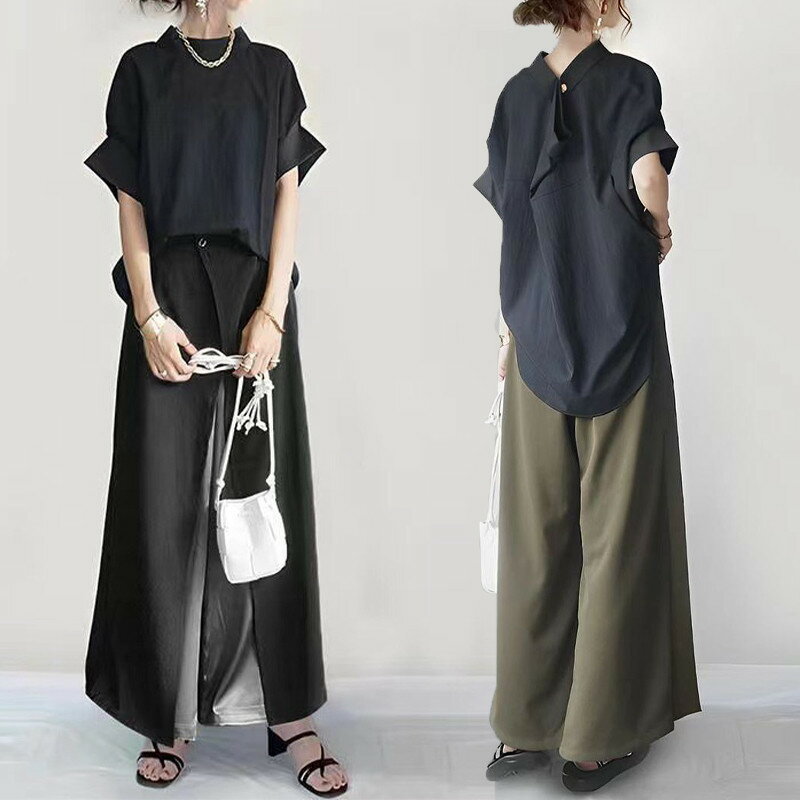 樂天商城 - セットアップ レディース 夏服 トップス ブラウス 半袖 ドルマンスリーブ プルオーバー 黒 ボトムズ ワイドパンツ バイカラー 切替 大人 40代50代 上下セット きれいめ 大人セットアップ カジュアル お出かけ 日常デート 送料無料 ブラウス パンツ 夏セット 大人カジュアル