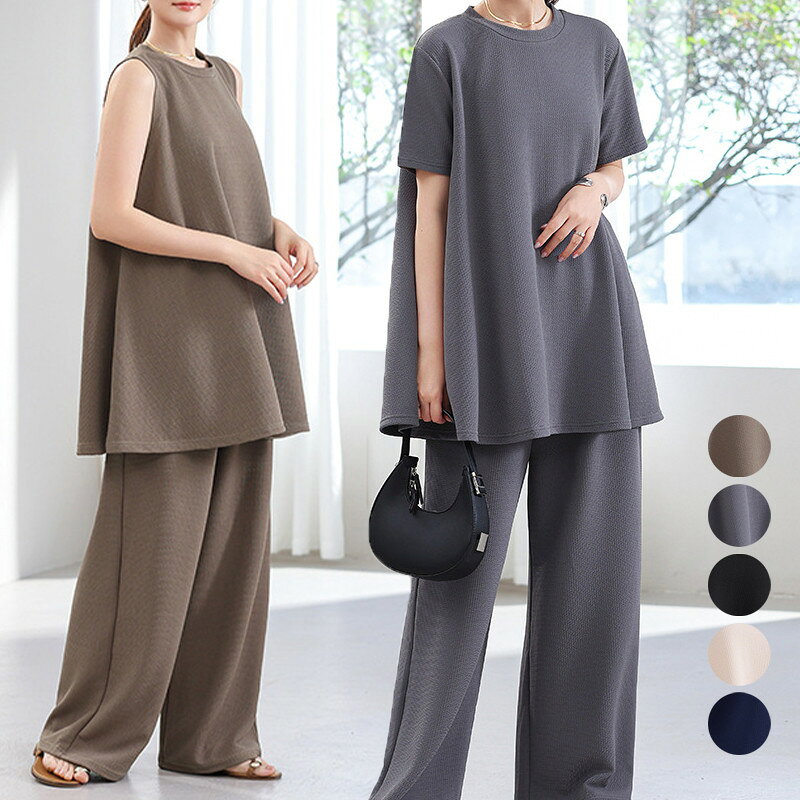 セットアップ レディース 夏服 トップス プルオーバー ノースリーブ 半袖 丸首 ボ...