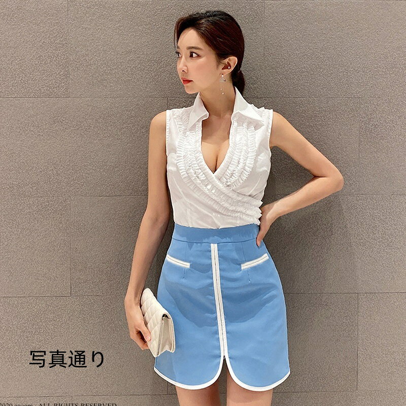 citygirlのセットアップ レディース ノースリーブシャツ タイトミニスカート V ネック フリル クロスデザイン ノースリーブトップス ハイウエスト スリットスカート 夏服 きれいめ セクシー 大人女子 通勤 デート ミニスカート スリム 細見え ブルーホワイト カジュアルフォーマル｜アングル2