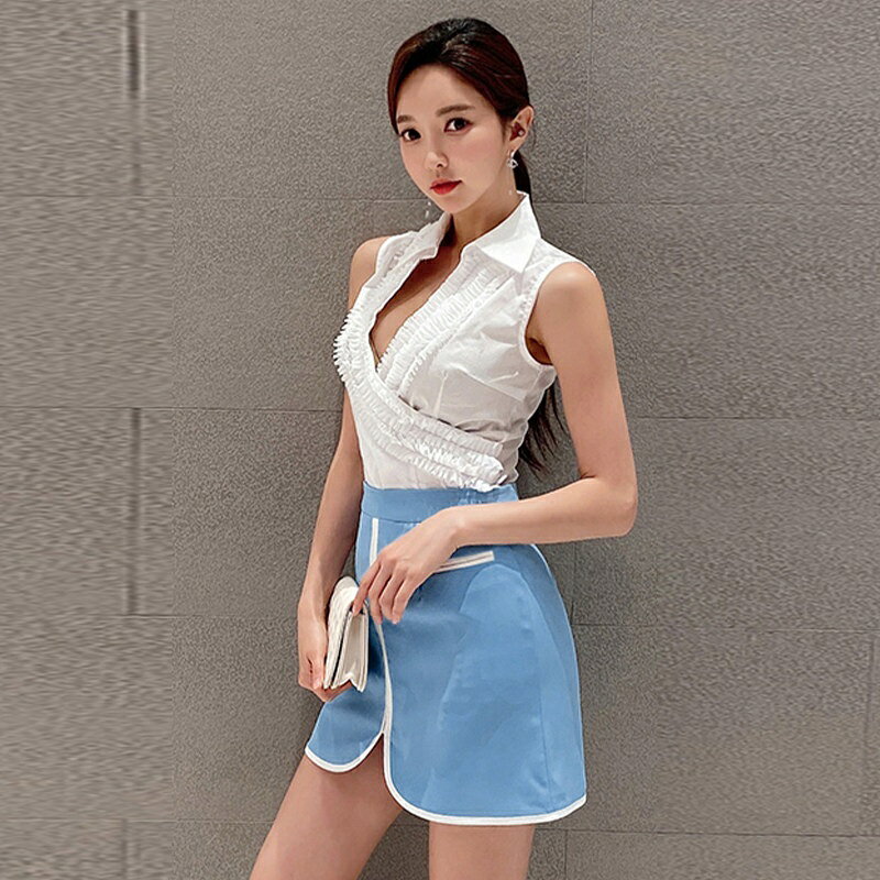 citygirlのセットアップ レディース ノースリーブシャツ タイトミニスカート V ネック フリル クロスデザイン ノースリーブトップス ハイウエスト スリットスカート 夏服 きれいめ セクシー 大人女子 通勤 デート ミニスカート スリム 細見え ブルーホワイト カジュアルフォーマル｜アングル3