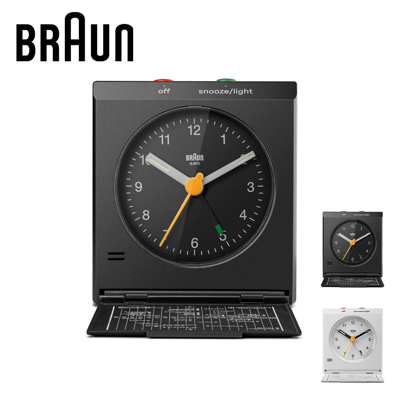 ※ 商品によってはラッピングできない場合があります。 ブラウン 時計 BRAUN トラベルアラームクロック 目覚まし時計 BC05B ブラック BC05W ホワイト トラベルクロック 大音量 置き時計 置時計 時計 アナログ 日本製 北欧 おしゃれ かわいい 寝室 お祝い 小さい ミニ 見やすい ライト 寝室 スヌーズ モダン コンパクト日本正規品 ブラウンの目覚まし時計 アナログ目覚し時計 1995年にディートリッヒ・ルブスによってデザインされた、「Reflex controlled travel alarm clock」。 ディーター・ラムスがBRAUNを退社する1997年より少し前、BRAUN社の中でも比較的新しい時代のこのデザインは、それでも20年以上も前に製品化されていました。このBC05は発売当時から機能やデザインを殆ど変更していませんが今でも新鮮さを保っています。 トラベルクロックにもぴったり 見た目だけが美しいデザインではなく、「道具として使用されることを考えられたデザイン」その形状や配色は詳細に計算され、持ち運びを可能にする蓋やワールドタイムチャート、アラームやバックライトなど小さなプロダクトの中に多くの機能を備えています。BC05はコンパクトサイズで持ち運びしやすい蓋付きのトラベルクロックです。折り畳み式の蓋の裏には旅先で重宝するワールドタイムチャートを備え旅をサポートしてくれます。 実用的でおしゃれ BRAUNのクロックの中でも赤や緑の配色があしらわれたプロダクトは少なく、インテリアとしても楽しめます。スヌーズ機能付きのクレッシェンドビープアラームはストップしないと徐々にビープ音が大きくなる目を覚ますのに適したアラーム機能です。 プレゼントにも最適 おしゃれなブラウン BRAUNの目覚まし時計は、就職祝いなどのお祝いや誕生日プレゼントなど大切な方へのギフトにも喜ばれます。 スペック ムーブメント：クォーツ（静音設計） 素材：プラスチック サイズ：幅72mm x 高さ78mm 機能：アラーム、スヌーズ、バックライト 正規保証：1年 付属品：正規保証書 備考：単三電池1本で作動 BRAUN ブラウン 家電デザインに革命をもらたしたBRAUNの時計。色褪せる事の無いその究極の造形美は、巨匠ディーターラムスの「Less, but better=より少なく、しかしより良く」の哲学のもとに創り上げられました。機能主義を一貫し、革新的なデザインを数多く輩出したドイツのBRAUNは、今も尚、色褪せる事のない造形物として、デザイナーやコレクターを魅了し続けています。洗練された北欧スタイルの流れも汲んだデザインの優れたシンプルでおしゃれな腕時計・掛け時計・置き時計・目覚し時計は、結婚祝い、出産祝い、新築祝い、就職祝いなどのお祝いのギフトや男性・女性問わず大切なご友人への誕生日プレゼントにも喜ばれます。大きく見やすい文字盤でリビングを彩るアナログ時計、大音量で実用的なデジタル目覚し時計、寝室でも静かで安心の連続秒針を採用した時計など幅広いアイテムを展開しています。 ● その他のBRAUN ブラウンの商品を見る ≫ ▼ BRAUN 目覚まし時計 BC10B ▼ ▼ BRAUN 目覚まし時計 BC15B ▼ ▼ BRAUN 掛け時計 ブラック 20cm ▼ ▼ BRAUN 掛け時計 ホワイト 20cm ▼ ▼ BRAUN 掛け時計 ブラック 30cm ▼ ▼ BRAUN 掛け時計 ホワイト 30cm ▼ ▼ BRAUN 目覚まし時計 BC12G ▼ ▼ BRAUN 目覚まし時計 BC22G ▼ ▼ BRAUN 電卓 ▼