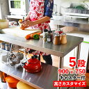 キャスター付ステンレス作業台 五段 900mm×750mm レンジ台 調理台 ステンレスラック