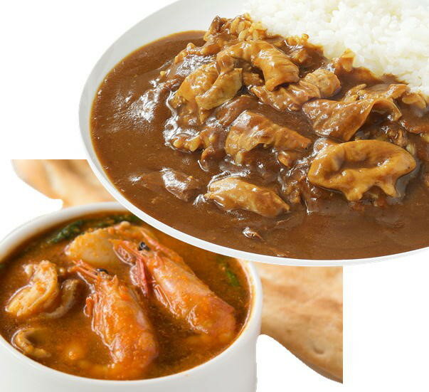 北陸の絶品カレー HC91122 (スパイシーモツカレー シーフードスープカレー) 各2食 豚 エビ ホタテ 冷凍..