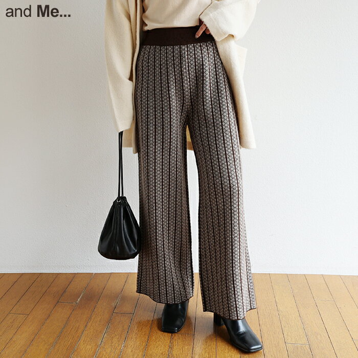 【宅配便A】ジャガード編み 幾何学柄 ニットパンツ ウエストゴム レディース レトロ ヴィンテージ感 ウールライク 春 秋 冬【メール便NG】のサムネイル