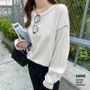 ANME アンメ ワッフル 配色ステッチ 指穴 長袖 Tシャツ レディース トップス カットソー ロンT サーマル サムホール 指ぬき オーバーサイズ シンプル...