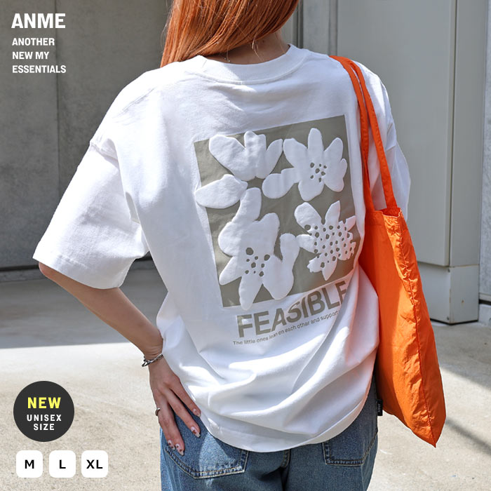 【メール便対応C】前後ロゴ入り フラワープリント 半袖 Tシャツ レディース 男女兼用 ノームコア トップス カットソー 綿100％ クルーネック オーバーサイズ 花柄 カジュアル M/Lサイズ 春 夏 秋 ANME アンメのサムネイル