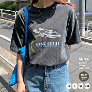 ANME アンメ ロゴ 宇宙 プリント 半袖 Tシャツ レディース メンズ 男女兼用 ユニセックス ノームコア トップス ロゴTシャツ 半袖Tシャツ カットソー 体型カバー オーバーサイズ ゆったり 薄手 シアー ピグメント加工 コットン カジュアル 夏服 M L XL XXL 春夏 春 夏 秋