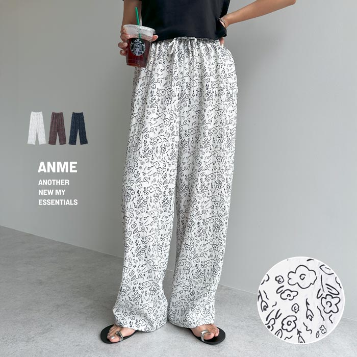 ANME アンメ フラワープリント イージー ワイド パンツ レディース ボトム ワイドパンツ イージーパンツ ロングパンツ ズボン ウエストゴム 体型カバー ゆったり 楽ちん ポケット 小花柄 シアー きれいめ カジュアル M L 春夏 秋冬 春 夏 秋 冬のサムネイル