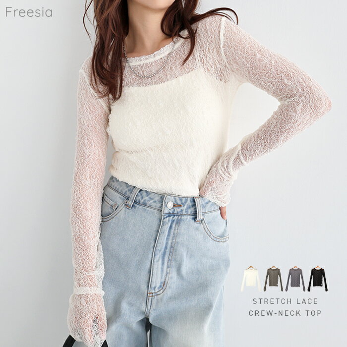 Freesia フリージア シアー レース 長袖 トップス レディース Tシャツ 長袖Tシャツ シアーシャツ シアーブラウス シャツブラウス カットソー インナー 体型カバー 楽ちん ストレッチ 花柄 フェミニン セレモニー きれいめ オフィス カジュアル 春夏 秋冬 春 夏 秋 冬のサムネイル