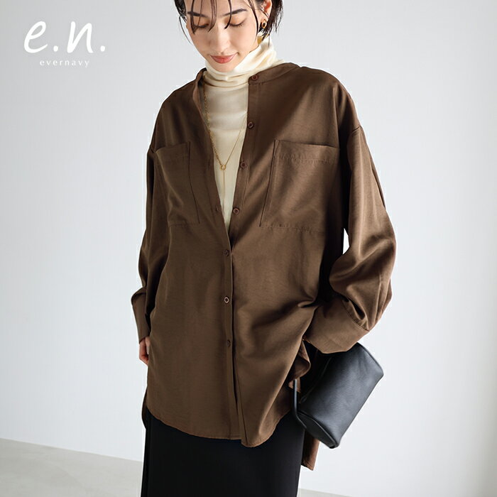 evernavy エバーネイビー とろみ バンドカラー ロング シャツ レディース トップス シャツブラウス ロングシャツ 羽織り 軽アウター チュニック オーバーサイズ 体型カバー ゆったり 楽ちん ポケット イージーケア きれいめ オフィス カジュアル 秋服 冬服 秋冬 春 秋 冬