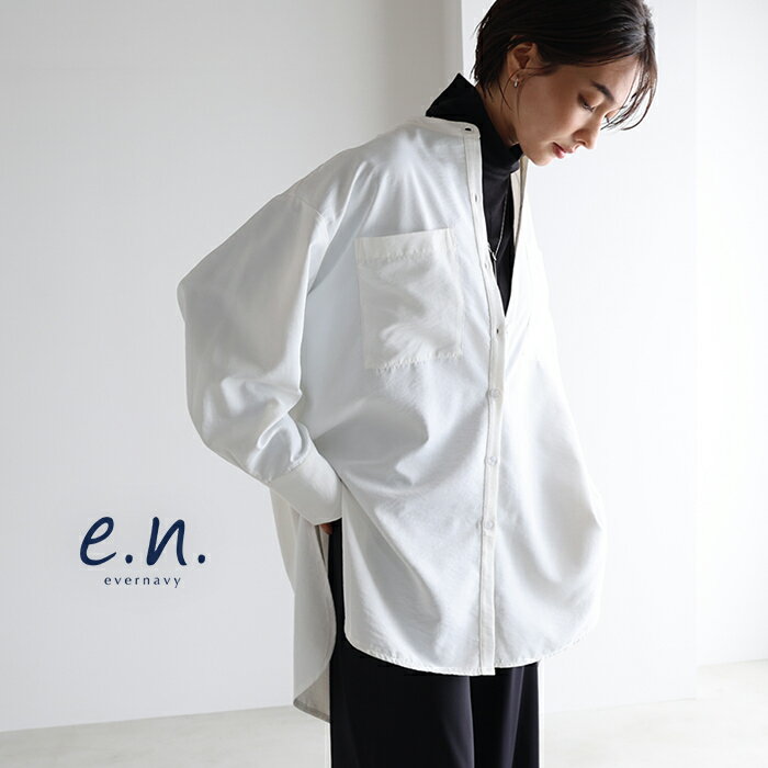 evernavy エバーネイビー とろみ バンドカラー ロング シャツ レディース トップス シャツブラウス ロングシャツ 羽織り 軽アウター チュニック オーバーサイズ 体型カバー ゆったり 楽ちん ポケット イージーケア きれいめ オフィス カジュアル 秋服 冬服 秋冬 春 秋 冬