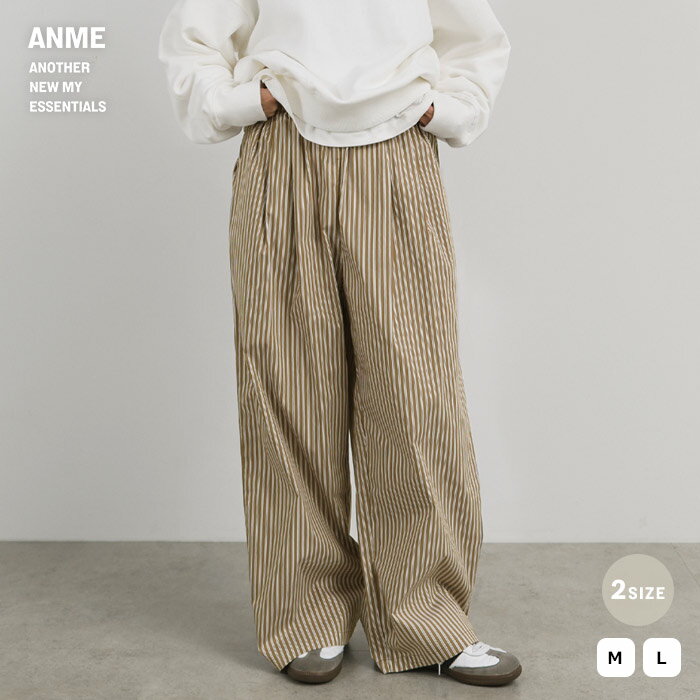 ANME アンメ ストライプ イージー ワイド パンツ レディース ボトム ワイドパンツ ロングパンツ イージーパンツ ズボン ウエストゴム 体型カバー 太ももカバー ゆったり 楽ちん ポケット リボン リラックス カジュアル トレンド セットアップ M L 春夏 春 夏 秋