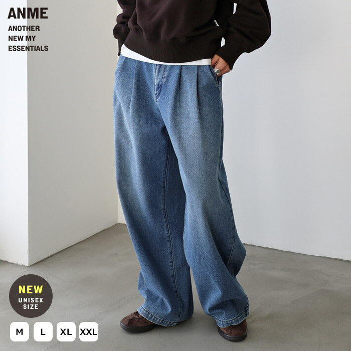 ANME アンメ ルーズ デニム タック ワイド パンツ レディース メンズ 男女兼用 ユニセックス ノームコア ワイドパンツ ジーンズ Gパン ジーパン ボトム ズボン 体型カバー ゆったり 楽ちん ハイウエスト コットン カジュアル トレンド M L XL XXL 春夏 秋冬 春 夏 秋 冬