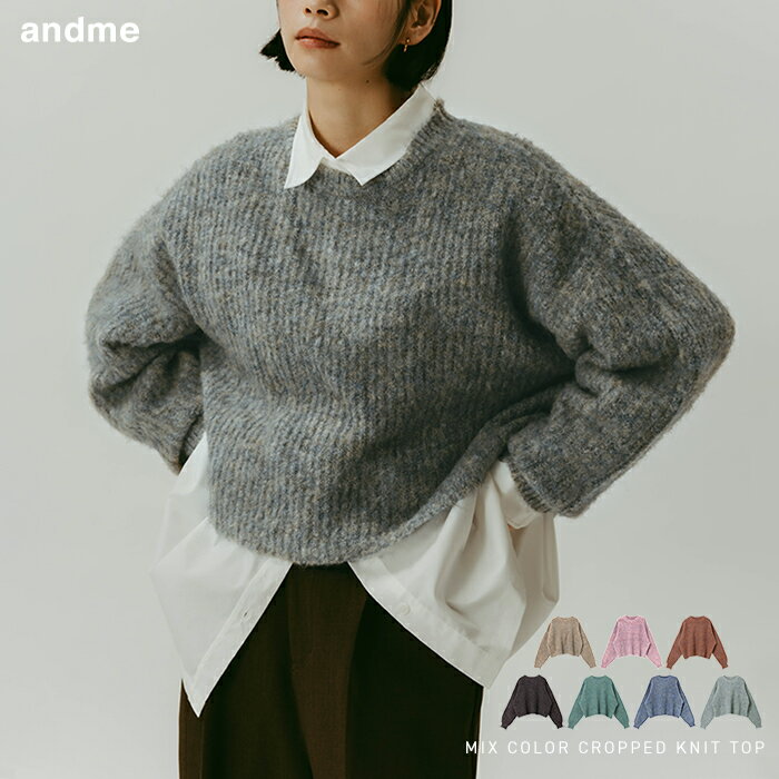 ショート丈 ミックスカラー 長袖 ニット トップス レディース ニットトップス 長袖ニット セーター オーバーサイズ 体型カバー 二の腕カバー ゆったり 楽ちん ボリューム袖 クルーネック 厚手 起毛 カジュアル トレンド 秋服 冬服 あったか 暖か 防寒 秋冬 春 秋 冬のサムネイル