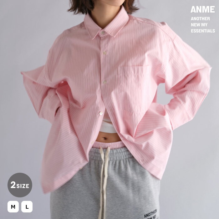 ANME アンメ カラーストライプ シャツ レディース ストライプシャツ シャツブラウス 長袖シャツ トップス 羽織り オーバーサイズ 体型カバー ゆったり 楽ちん ロゴ ポケット 襟付き ストライプ柄 リラックス カジュアル セットアップ M L 春夏 秋冬 春 夏 秋 冬