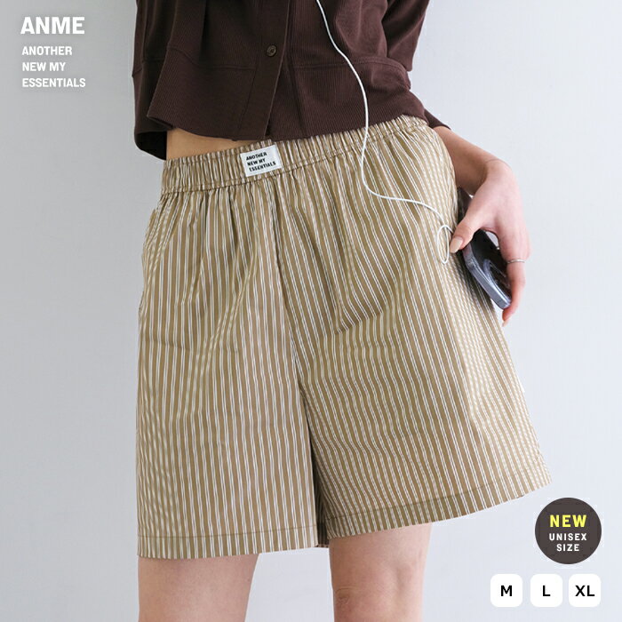 Nylon, Rayon, Polyester - ANME アンメ ストライプ イージー ショート パンツ レディース メンズ 男女兼用 ユニセックス ノームコア ボトム ワイドパンツ ショートパンツ ウエストゴム 体型カバー ゆったり ポケット リラックス カジュアル トレンド セットアップ 夏服 M L XL 春夏 春 夏 秋 冬
