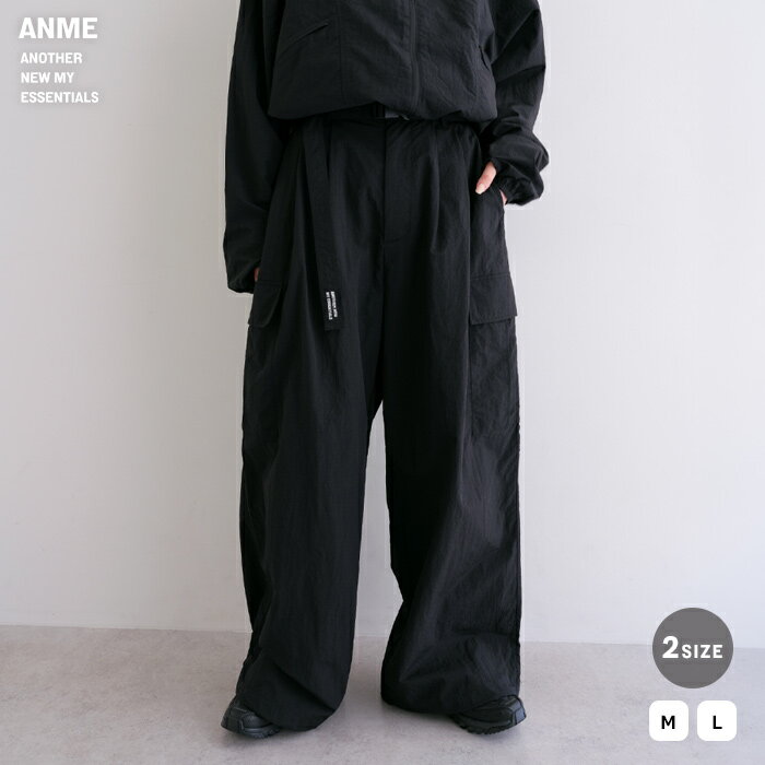 ANME アンメ 接触冷感 UVカット(UPF50＋) 撥水加工 ナイロン カーゴ パンツ【ベルト付き】 レディース ボトム ワイドパンツ カーゴパンツ ナイロンパンツ ウエストゴム 体型カバー ポケット エンブロイダリー カジュアル セットアップ M L 春夏 春 夏 秋 冬