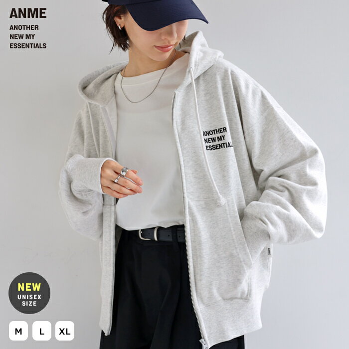 ANME アンメ ロゴ 刺繍 ダブルジップ スウェット パーカー レディース メンズ 男女兼用 ユニセックス ノームコア トップス トレーナー カーディガン オーバーサイズ 体型カバー ゆったり 楽ちん ポケット フード エンブロイダリー セットアップ M L XL 秋冬 春 秋 冬