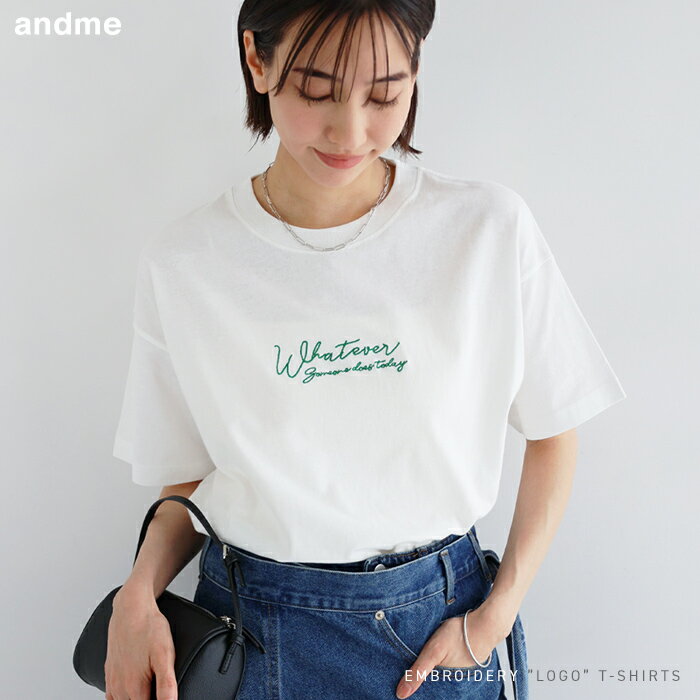 Cotton jersey logo embroidered short-sleeved T-shirt for women. Short-sleeved top, logo T-shirt, cut and sew, innerwear, oversized, figure-flattering, short length, thin, sheer, basic, embroidered, casual, office, SM, spring, summer, autumn.