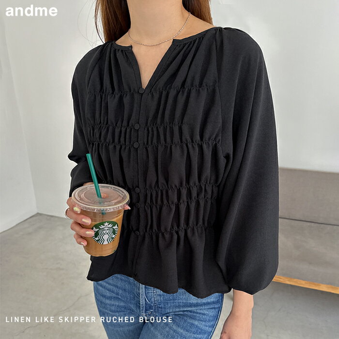 リネンライク スキッパー シャーリング ブラウス レディース トップス ペプラム ショート丈 羽織り フェミニン きれいめ 春 夏 秋