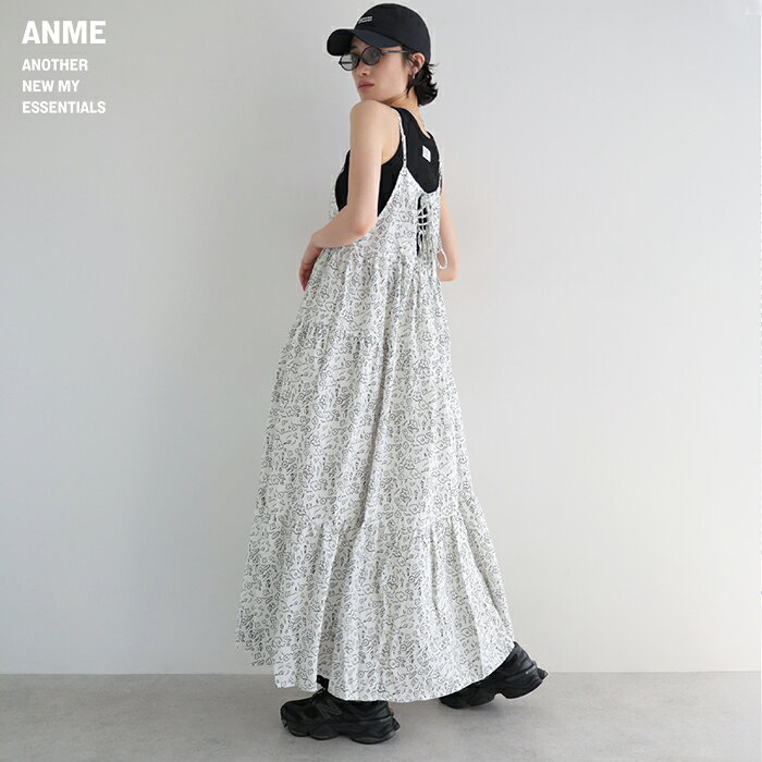 ANME アンメ フラワー リボン ティアード キャミソール ワンピース レディース キャミワンピース ロングワンピース ボトム 体型カバー ゆったり 楽ちん ゴム フレア Aライン ノースリーブ 花柄 プリント ポケット カジュアル 夏服 春夏 春 夏 秋 冬