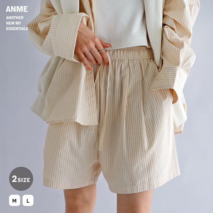 ANME アンメ カラーストライプ 2タック ショート パンツ レディース ワイドパンツ イージーパンツ ストライプパンツ ズボン ボトム ウエストゴム 体型カバー ゆったり 楽ちん ポケット ロゴ リボン ストライプ柄 リラックス カジュアル セットアップ M L 春夏 春 夏 秋