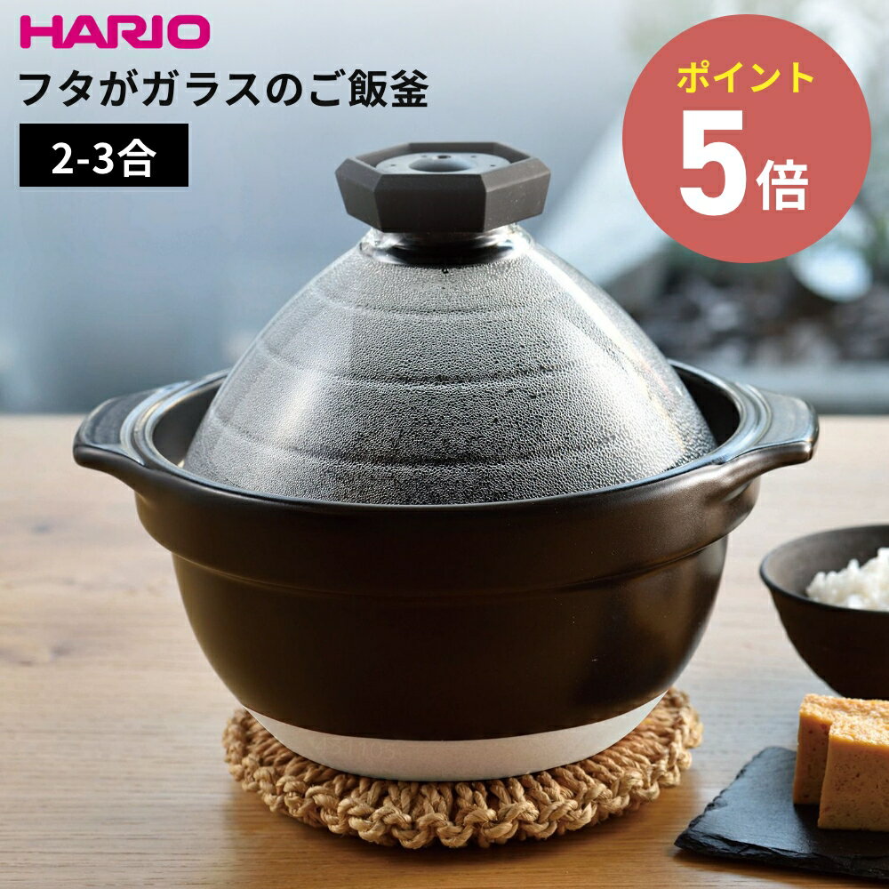 HARIO ハリオ フタがガラスのご飯釜2-3合 GNR-200-B-W 直火専用 炊飯鍋 2～3合用 炊飯 炊きあがりが見..
