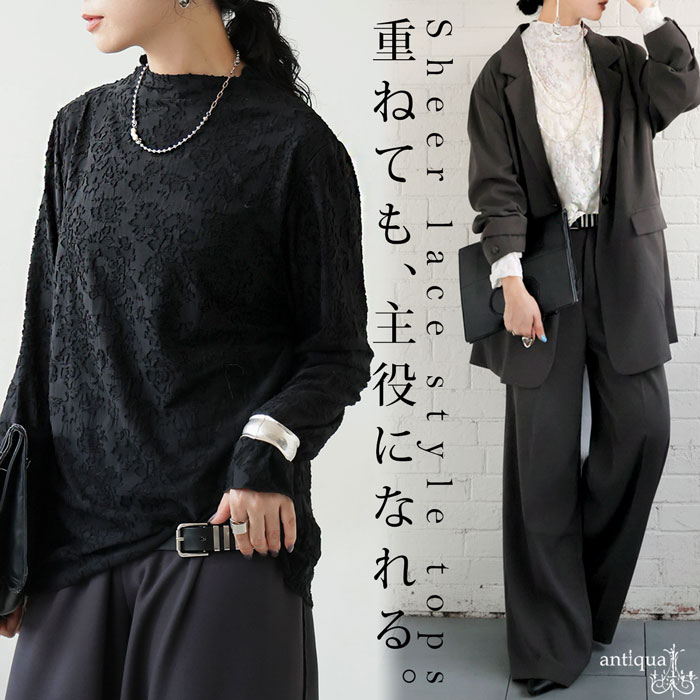 レース調 シアートップス レディース トップス 長袖 送料無料・(80)メール便可のサムネイル