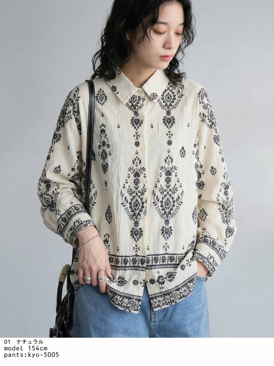 着るだけで、こなれる。オリエンタル柄 総柄シャツ ブラウス 長袖 レディース 送料...