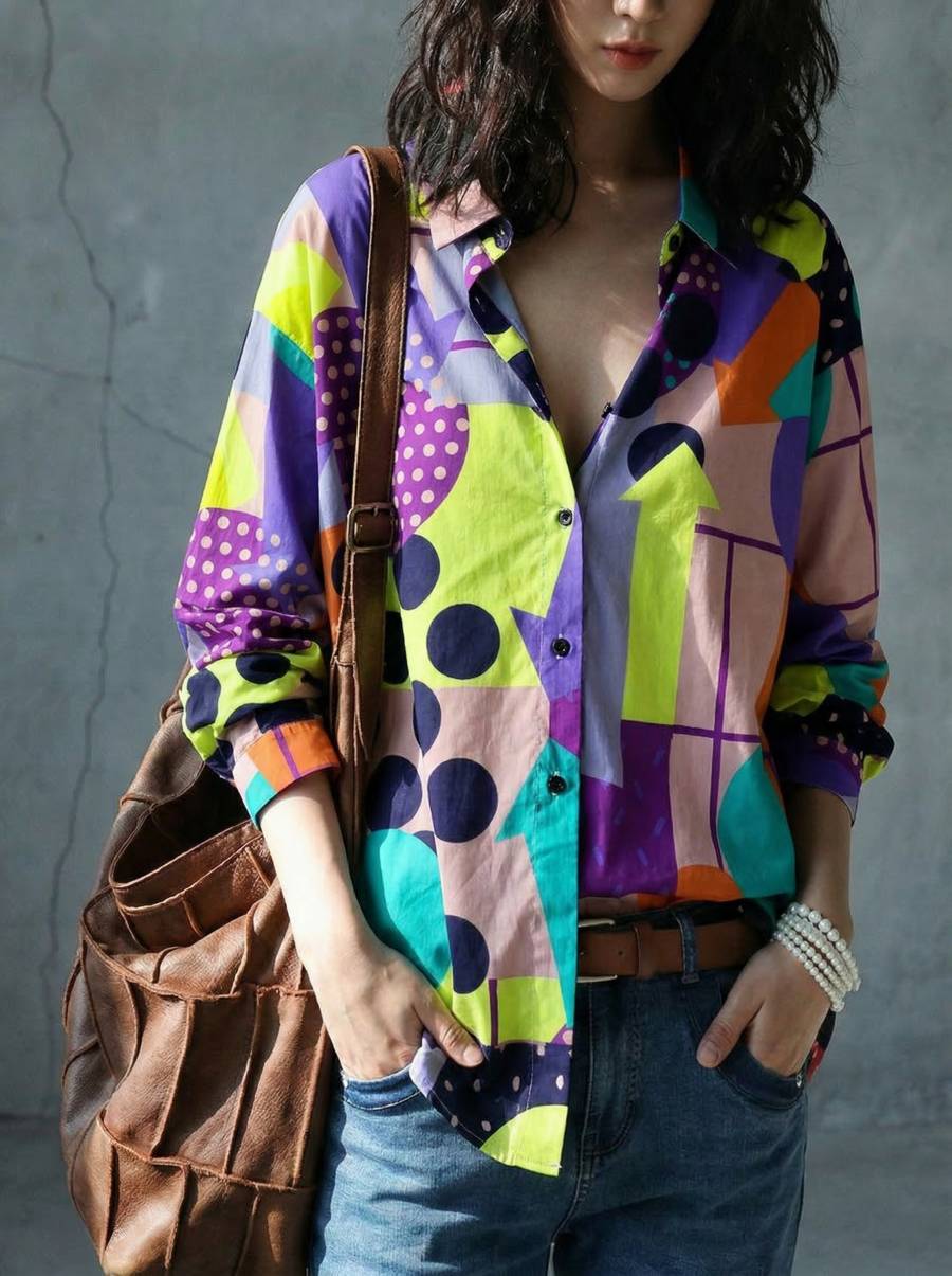 今日、ちょっと楽しい服。幾何学柄 シャツ レディース 長袖 ゆったり 総柄 送料無料・メール便可（3枚目）