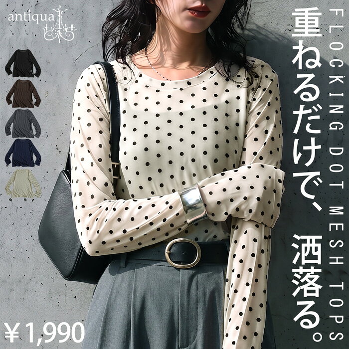 甘くない、透け感。ドット柄 シアー トップス レディース 長袖 クルーネック 水玉 インナー レイヤード カットソー 大きいサイズ きれいめ 低身長 高身長 大人 カジュアル モード シンプル 着回し 高見え antiqua ・(30)メール便可