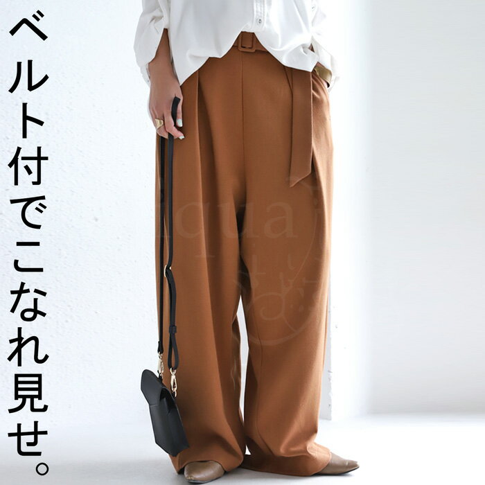 タック使いが秀逸。極上落ち感デザイン。ベルト付きワイドパンツ 送料無料・再再販。メール便不可【2210B】のサムネイル