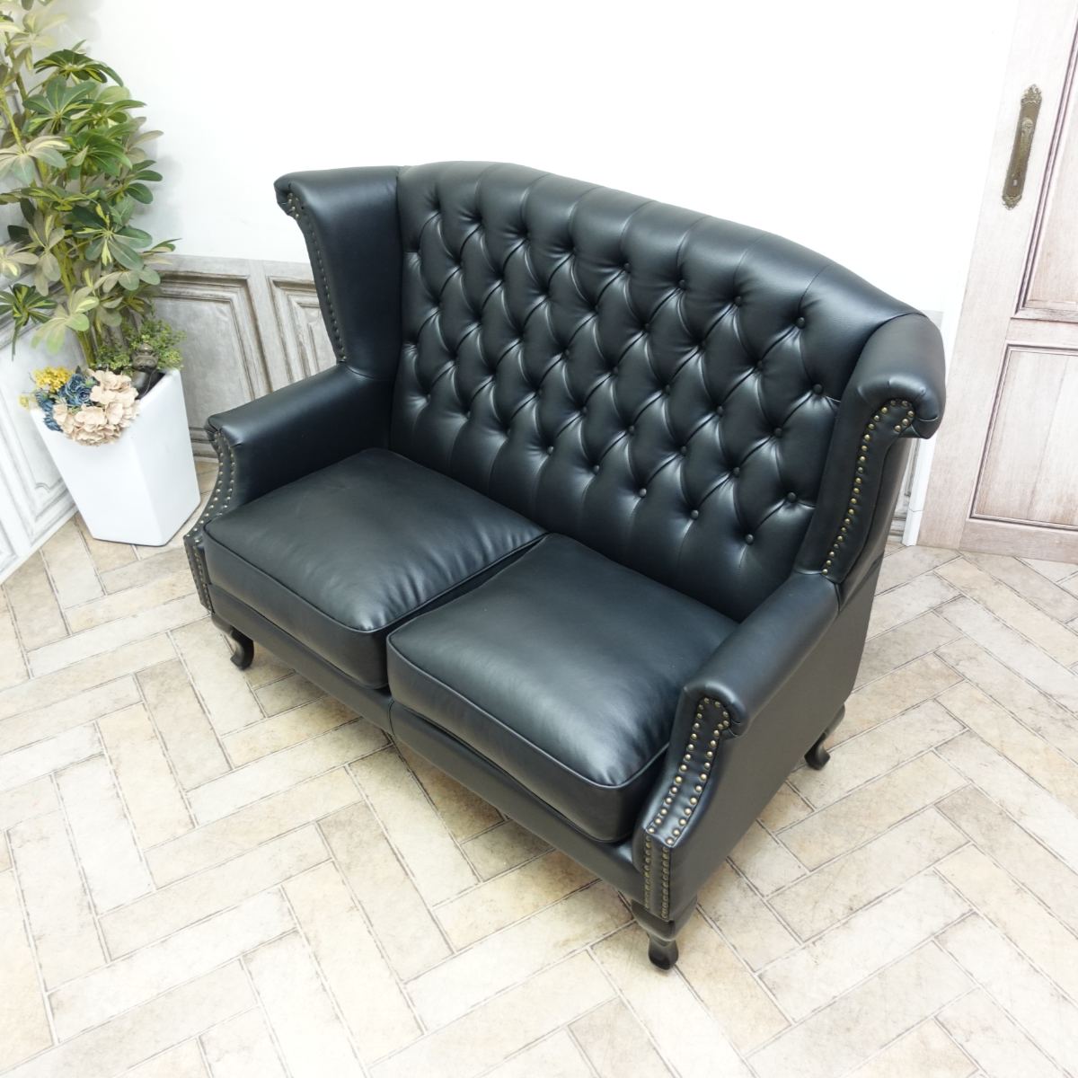 輸入家具 ソファ アンティーク ソファー そふぁ ヴィンセント 二人掛け 2シーター アンティーク ダブルソファ チェスターフィールド ソファ ヴィンテージ 2人用 英国 イギリス デザイナーズ ハイバック ウィングバック フェイクレザー PU 合皮 ブラック 黒 SA925B2-P32K [2]