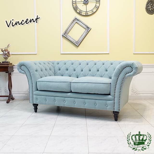 乐天商城 - 輸入家具 二人掛けソファ アンティークソファー アンティーク チェスターフィールド ソファー 2人掛け ダブルソファ イギリス 英国 ハイバック 書斎 美容室 本物の高級感 ヴィンテージ レトロ おしゃれ デザイナーズ リビング オフィス ペール ブルー 水色 vj2f238k