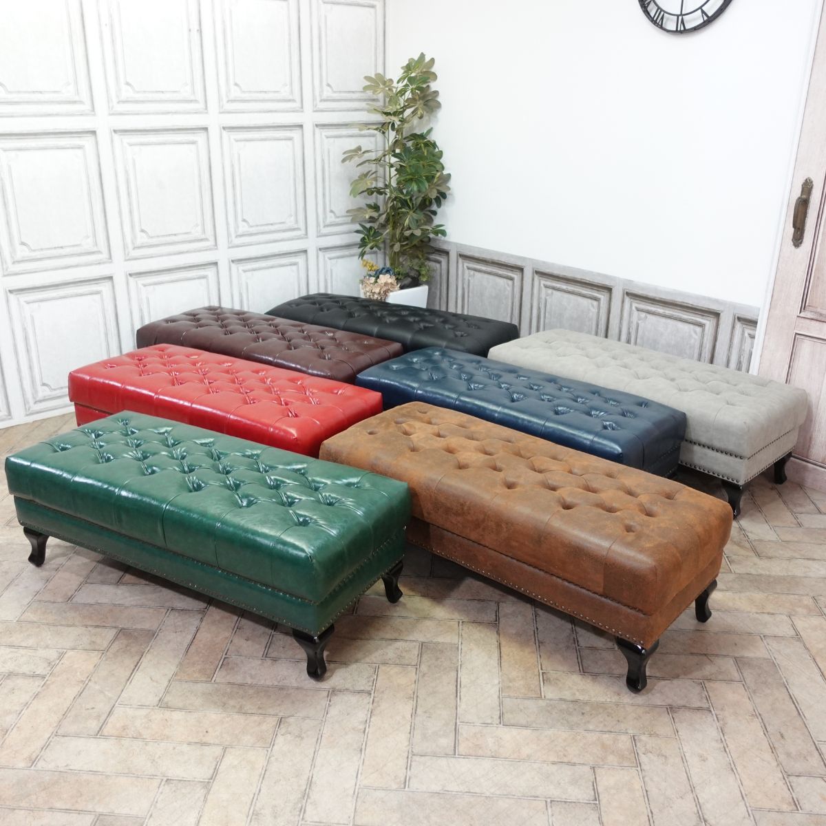 ロングスツール ヴィンセント 輸入家具 おしゃれ ロースツール かっこいい チェスターフィールド スツール 英国 イギリス レトロ ヴィンテージ ビンテージ アンティーク ホテル 靴屋 猫足 デザイナーズ フェイクレザー 合皮 グレージュ volp101k [3]