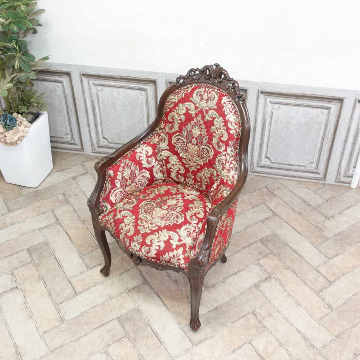 輸入家具 ダイニングチェア 肘付き 一人掛け ソファー アンティーク ソファ ロココ調家具 ロココ エレガント プリンセス ロマンティック 姫 家具 姫系 ヴィンテージ レトロ ビンテージ カフェ 書斎 ヨーロピアン ファブリック ダマスク 花柄 金華山 レッド 赤 6093-n-5f101