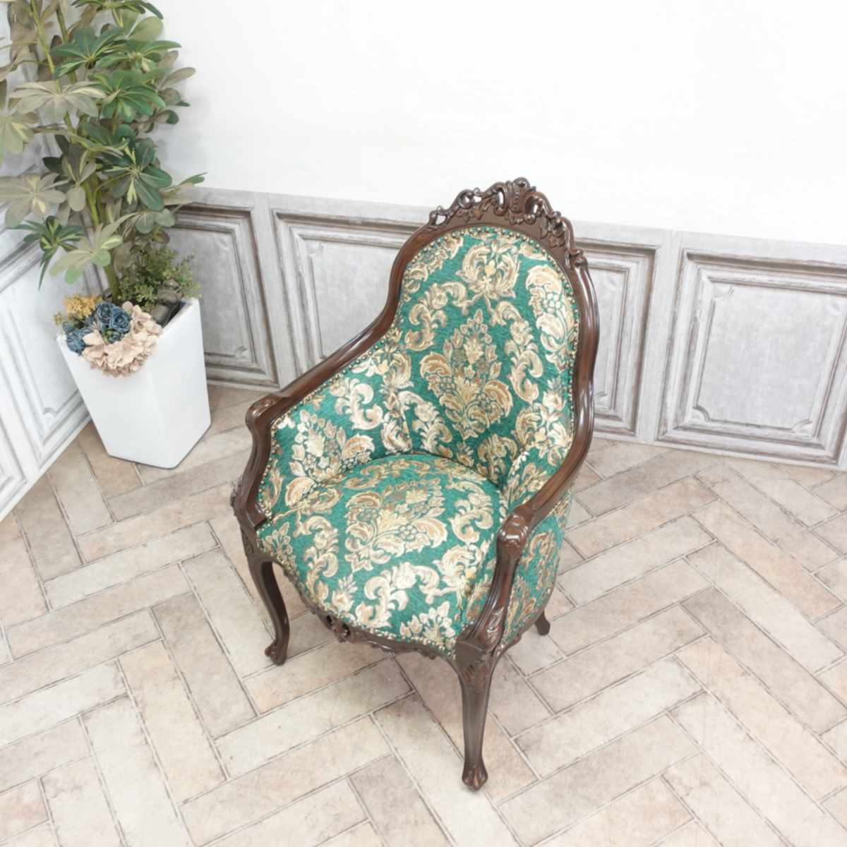 輸入家具 ダイニングチェア 肘付き 一人掛け ソファー アンティーク ソファ ロココ調家具 ロココ エレガント プリンセス ロマンティック 姫 家具 姫系 ヴィンテージ レトロ ビンテージ カフェ 書斎 ヨーロピアン ファブリック ダマスク 花柄 金華山 グリーン 緑 6093-n-5f102